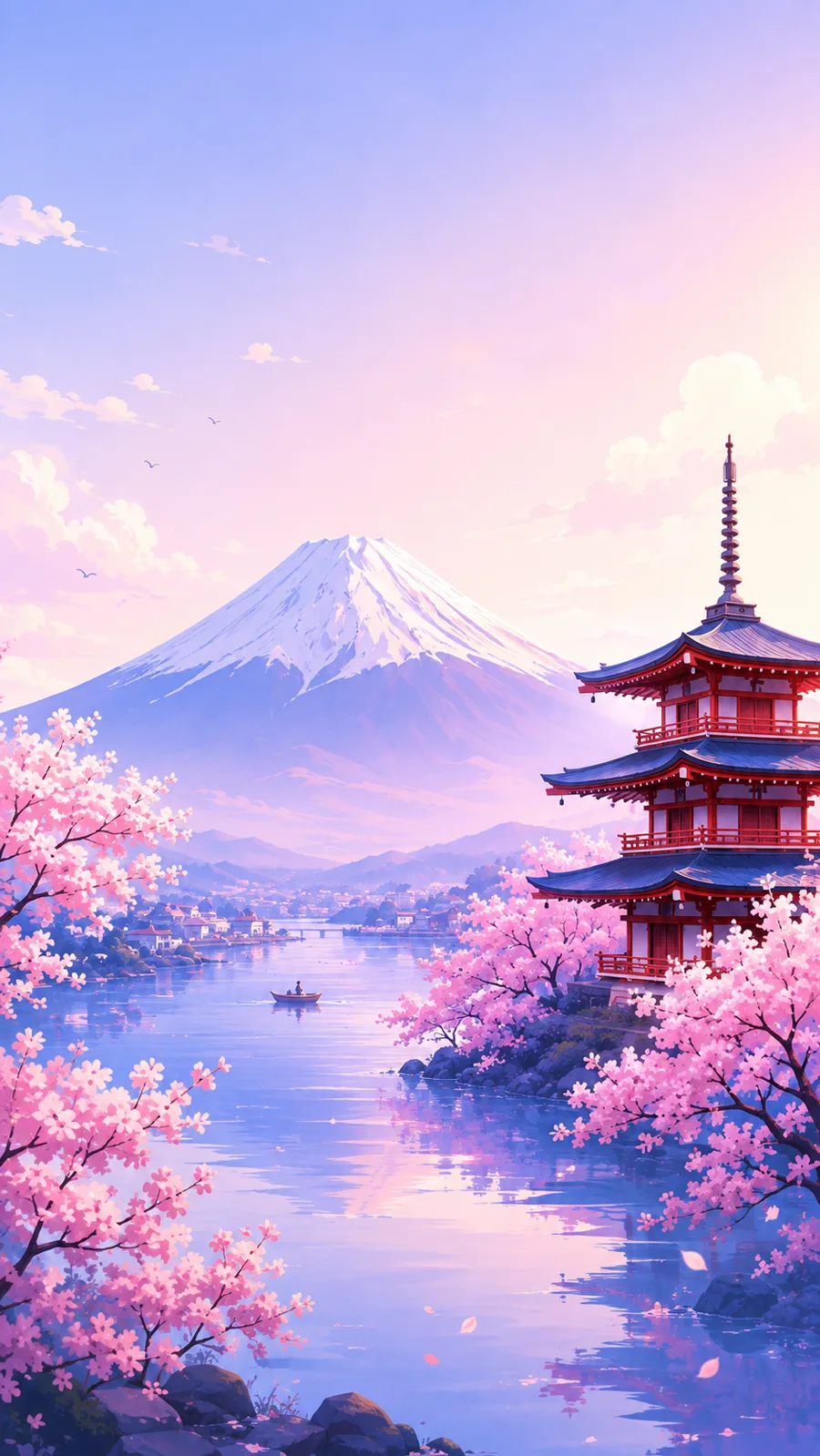 Pagoda beneath a snow-capped mountain at dusk with cherry blossom in the foreground