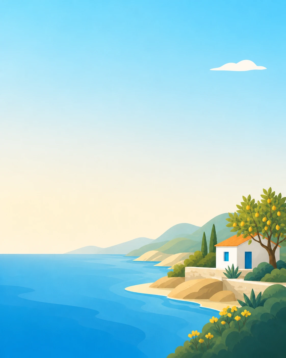 Illustrated golden coastline at sunset